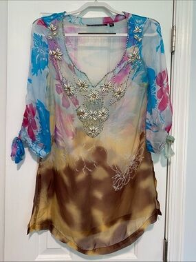 Michelle Nicole Sheer Floral Embellished Tunic - Blue Pink Brown Cream